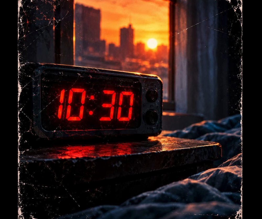 Back Up Now artwork: an alarm clock reading 10:30 by a window at sunset