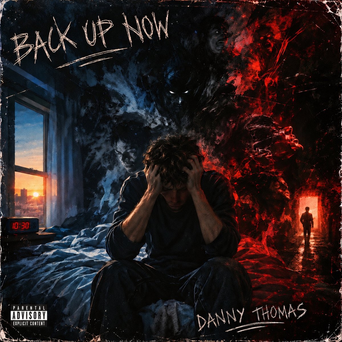 Back Up Now cover art: a man with his head in his hands on a bed, demons rising behind him, an alarm clock reading 10:30